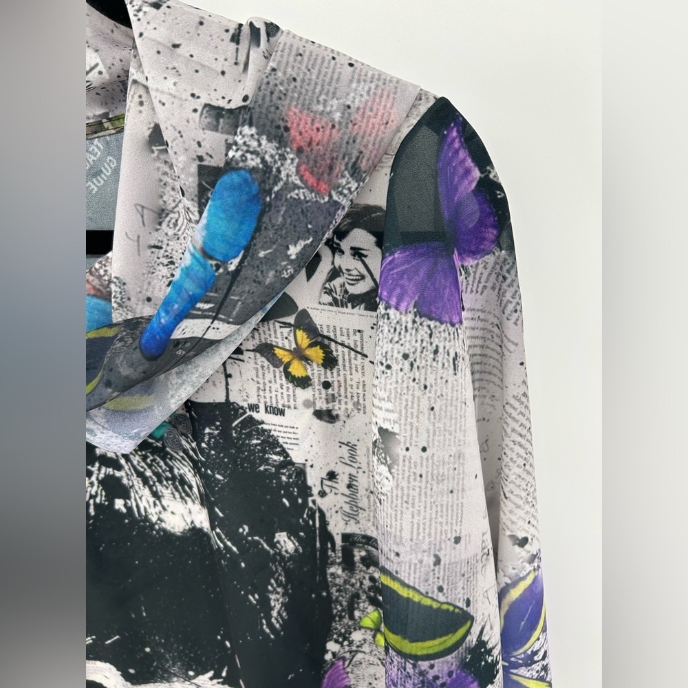 Artistic Y2K Retro Audrey Hepburn Butterfly Newspaper Print Cowl Neck Tunic Sz S - Picture 6 of 11